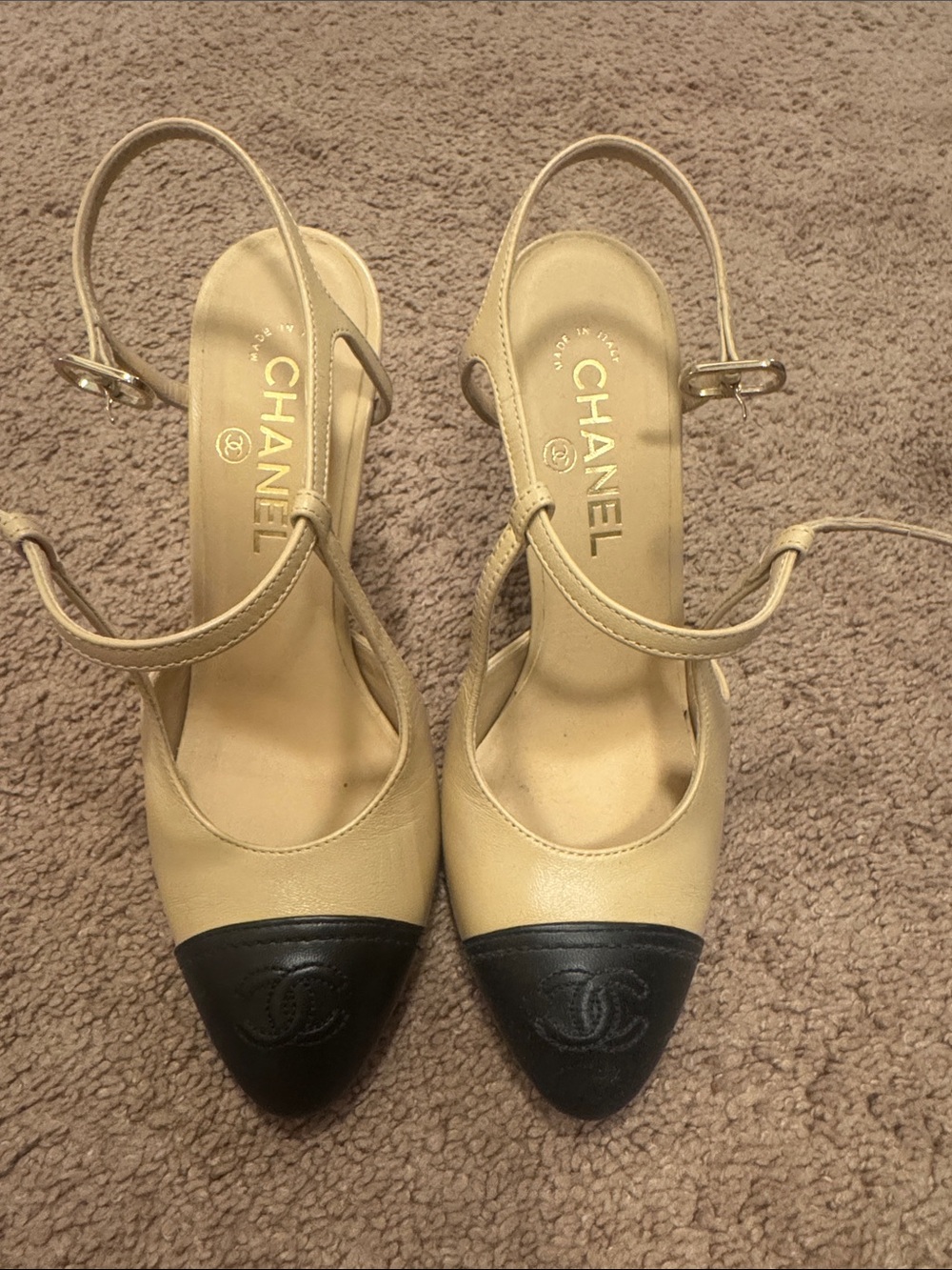CHANEL Beige Leather Slingback Pumps with Black Cap Toe